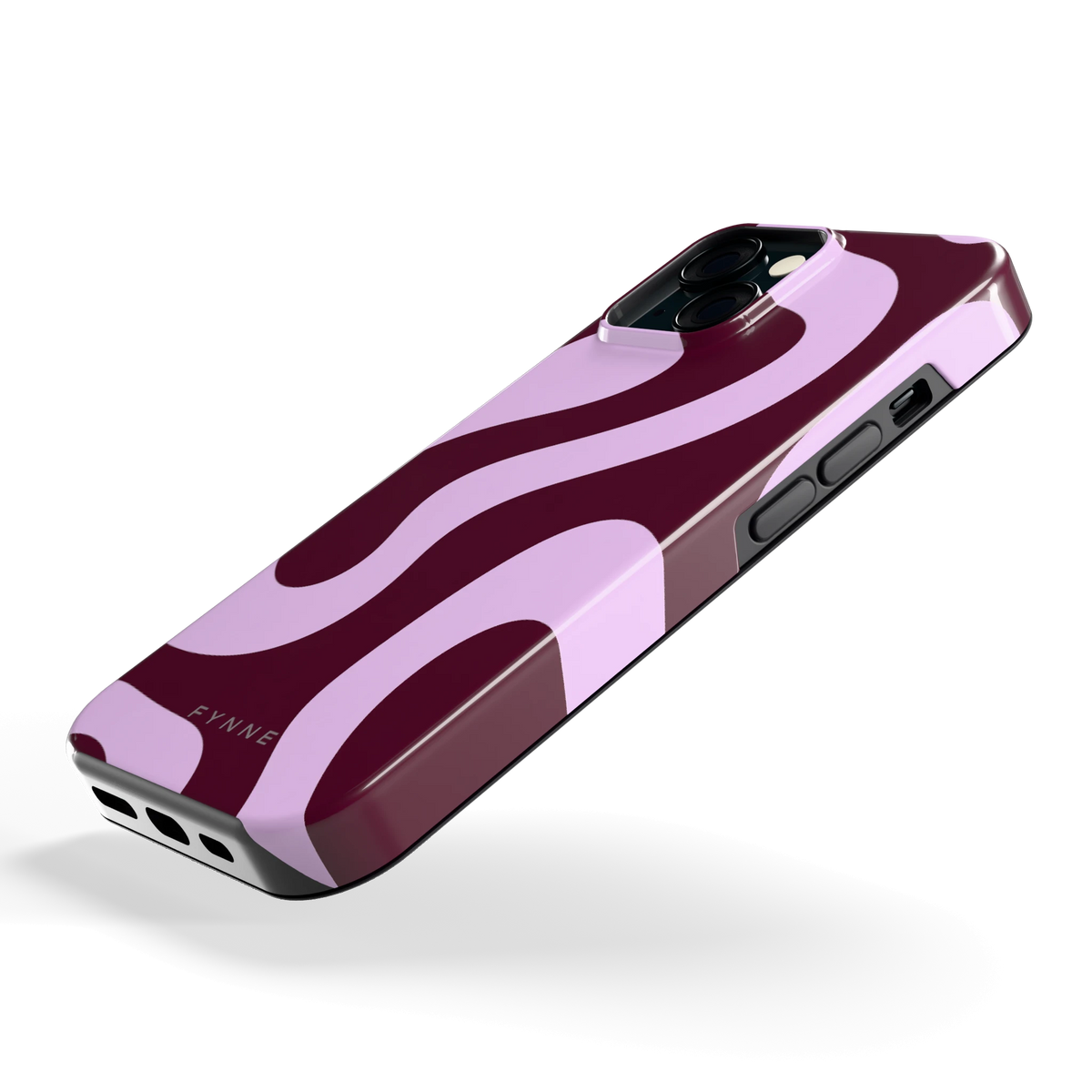 Lila Swirl hoesje voor iPhone 15, schuin