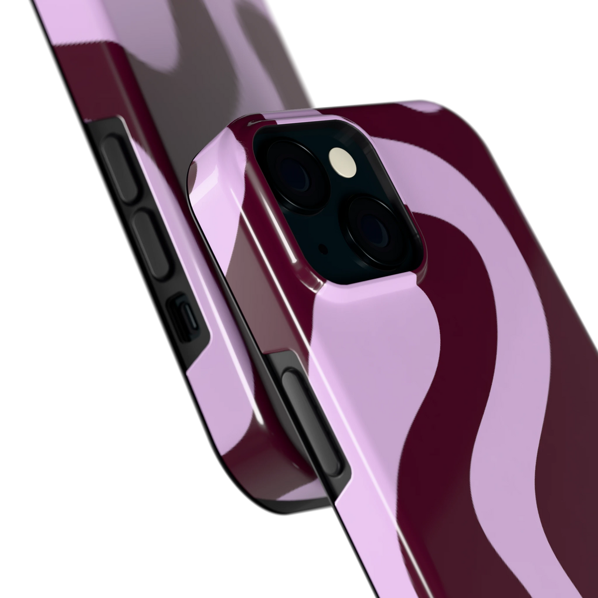 Lila Swirl hoesje voor iPhone 15, close-up