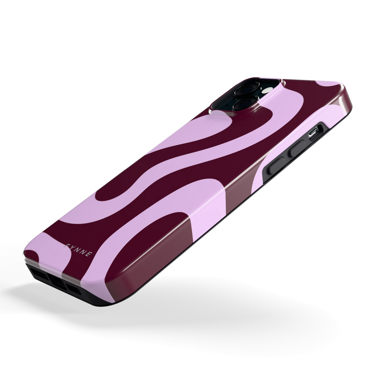 Lila Swirl hoesje voor iPhone 15 Plus, schuin