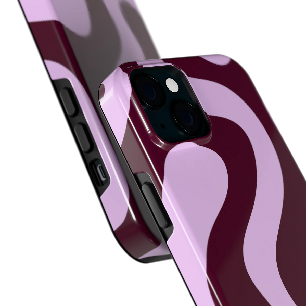 Lila Swirl hoesje voor iPhone 15 Plus, close-up