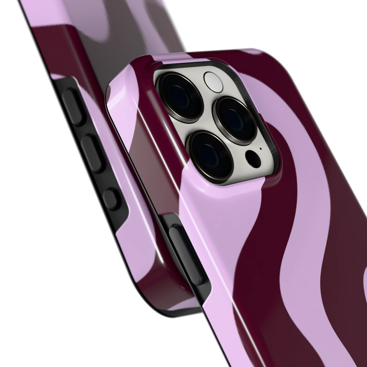 Lila Swirl hoesje voor iPhone 15 Pro, close-up