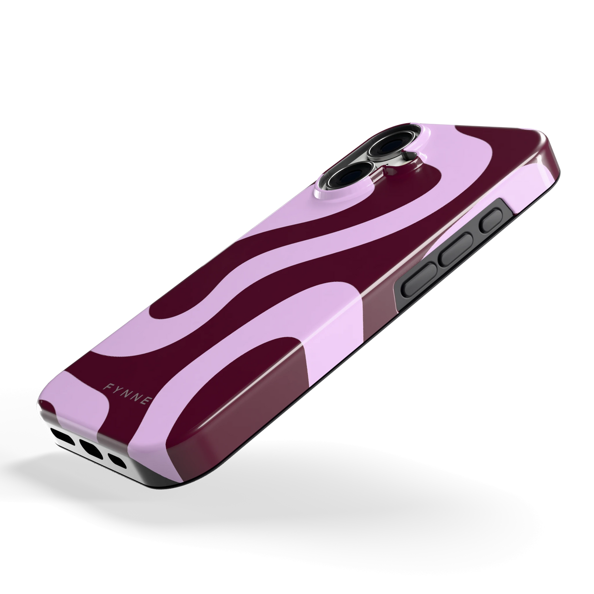Lila Swirl hoesje voor iPhone 16, schuin