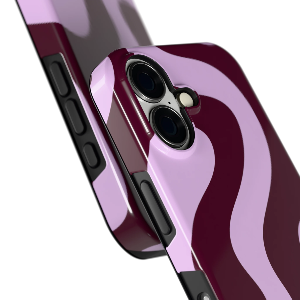 Lila Swirl hoesje voor iPhone 16, close-up