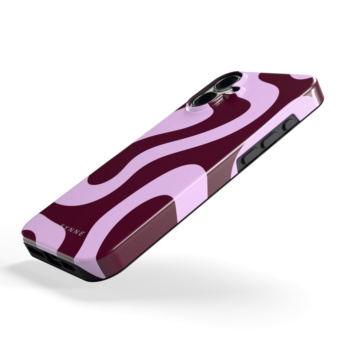 Lila Swirl hoesje voor iPhone 16 Plus, schuin