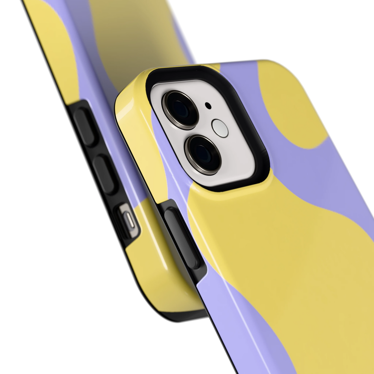 Lila Gele Vlekken hoesje voor iPhone 12, close-up