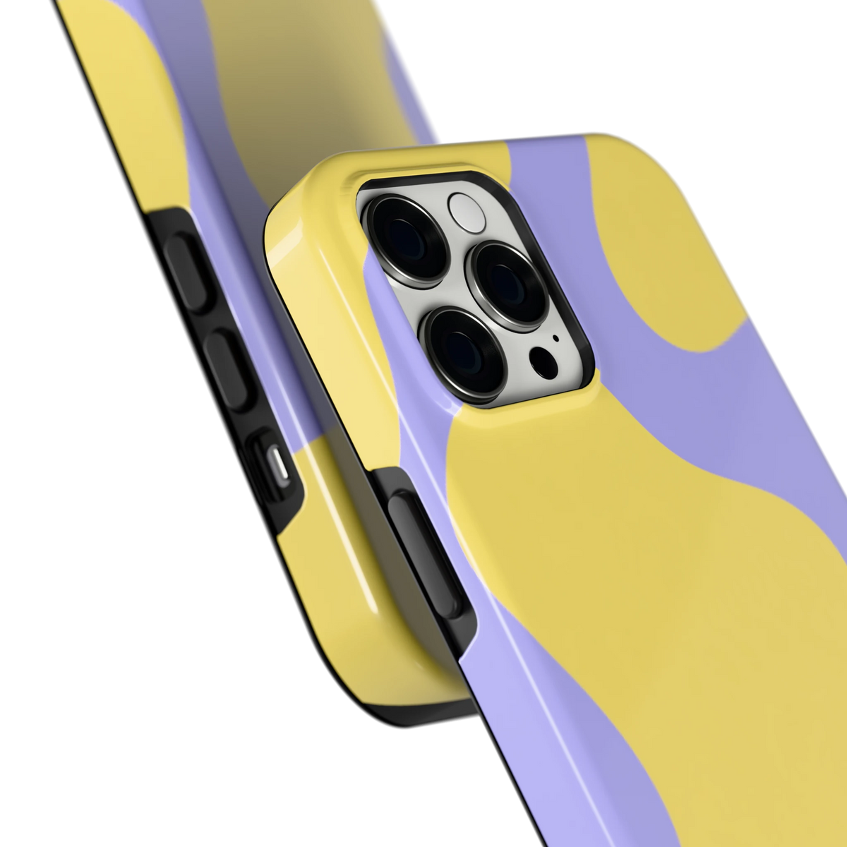Lila Gele Vlekken hoesje voor iPhone 12 Pro Max, close-up