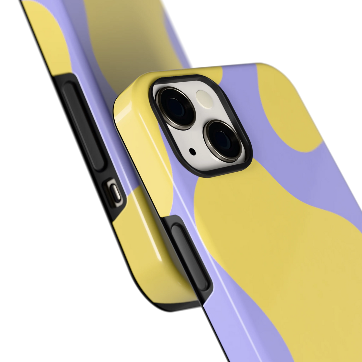 Lila Gele Vlekken hoesje voor iPhone 13, close-up