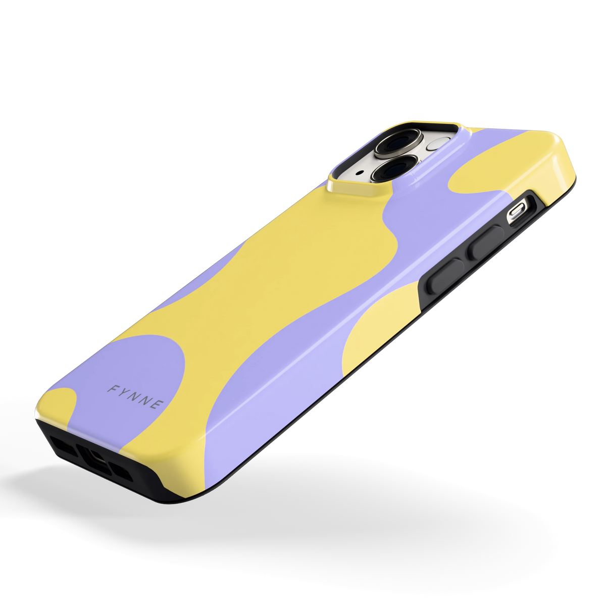 Lila Gele Vlekken hoesje voor iPhone 13 mini, schuin