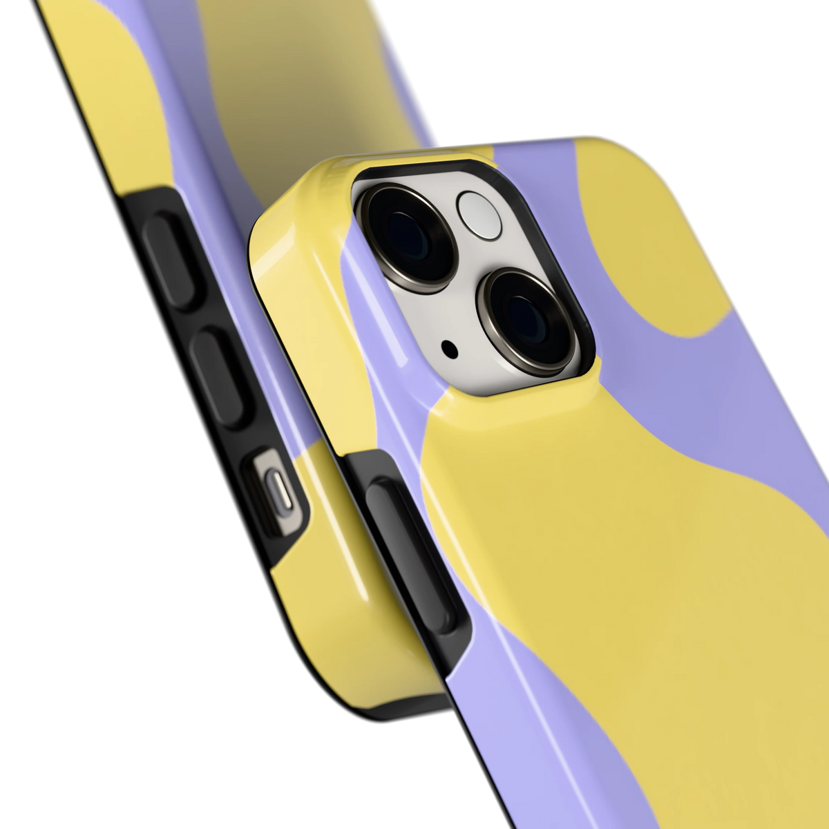 Lila Gele Vlekken hoesje voor iPhone 13 mini, close-up
