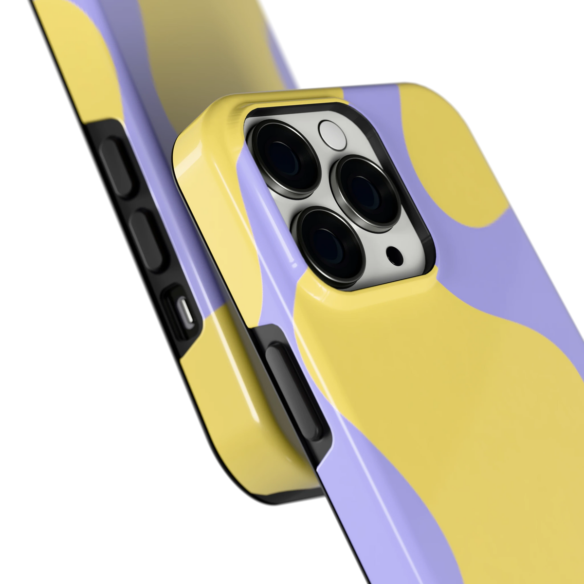Lila Gele Vlekken hoesje voor iPhone 13 Pro, close-up