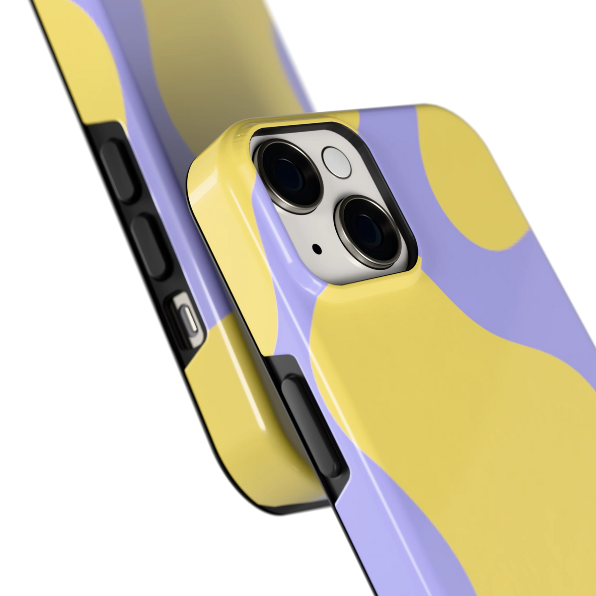 Lila Gele Vlekken hoesje voor iPhone 14, close-up