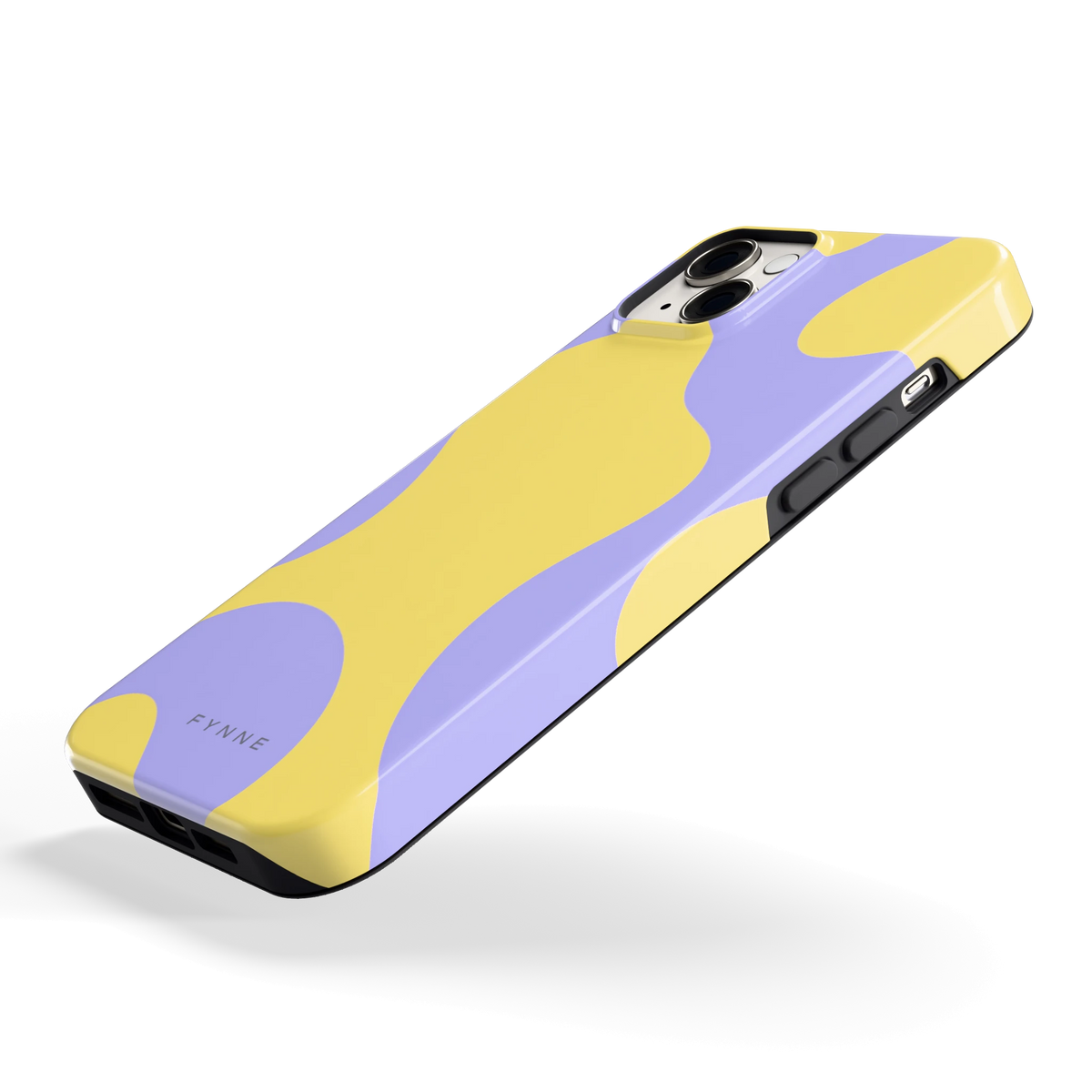 Lila Gele Vlekken hoesje voor iPhone 14 Plus, schuin
