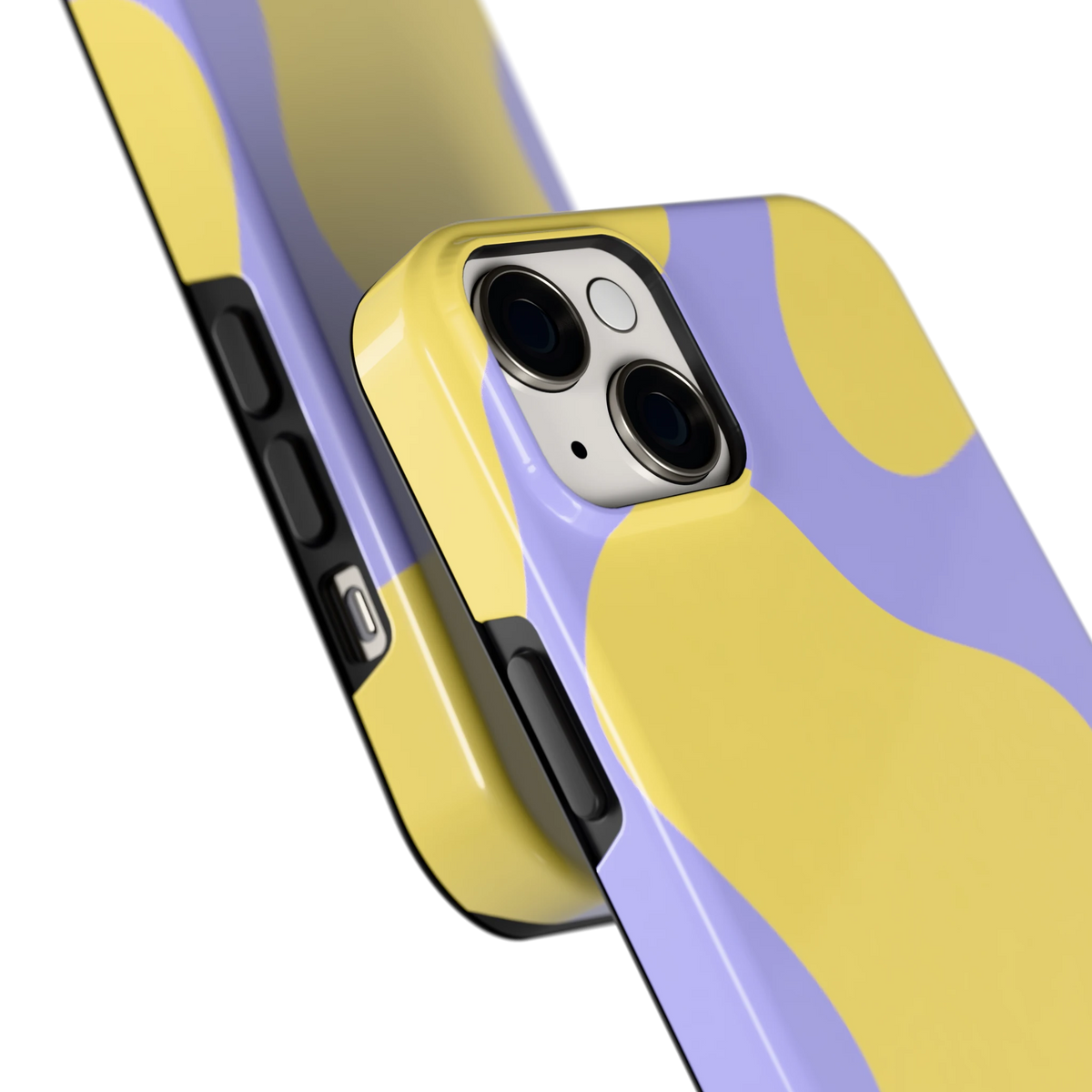 Lila Gele Vlekken hoesje voor iPhone 14 Plus, close-up