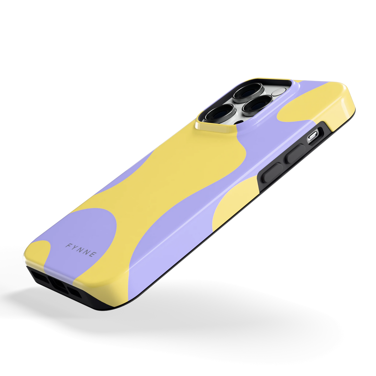 Lila Gele Vlekken hoesje voor iPhone 14 Pro, schuin