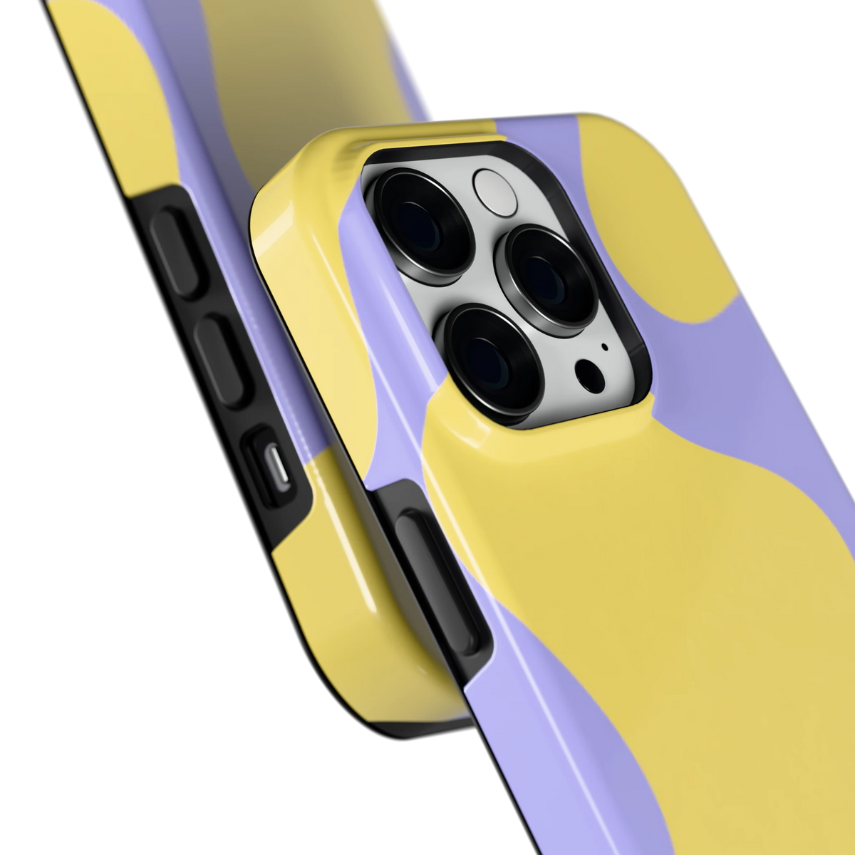 Lila Gele Vlekken hoesje voor iPhone 14 Pro, close-up