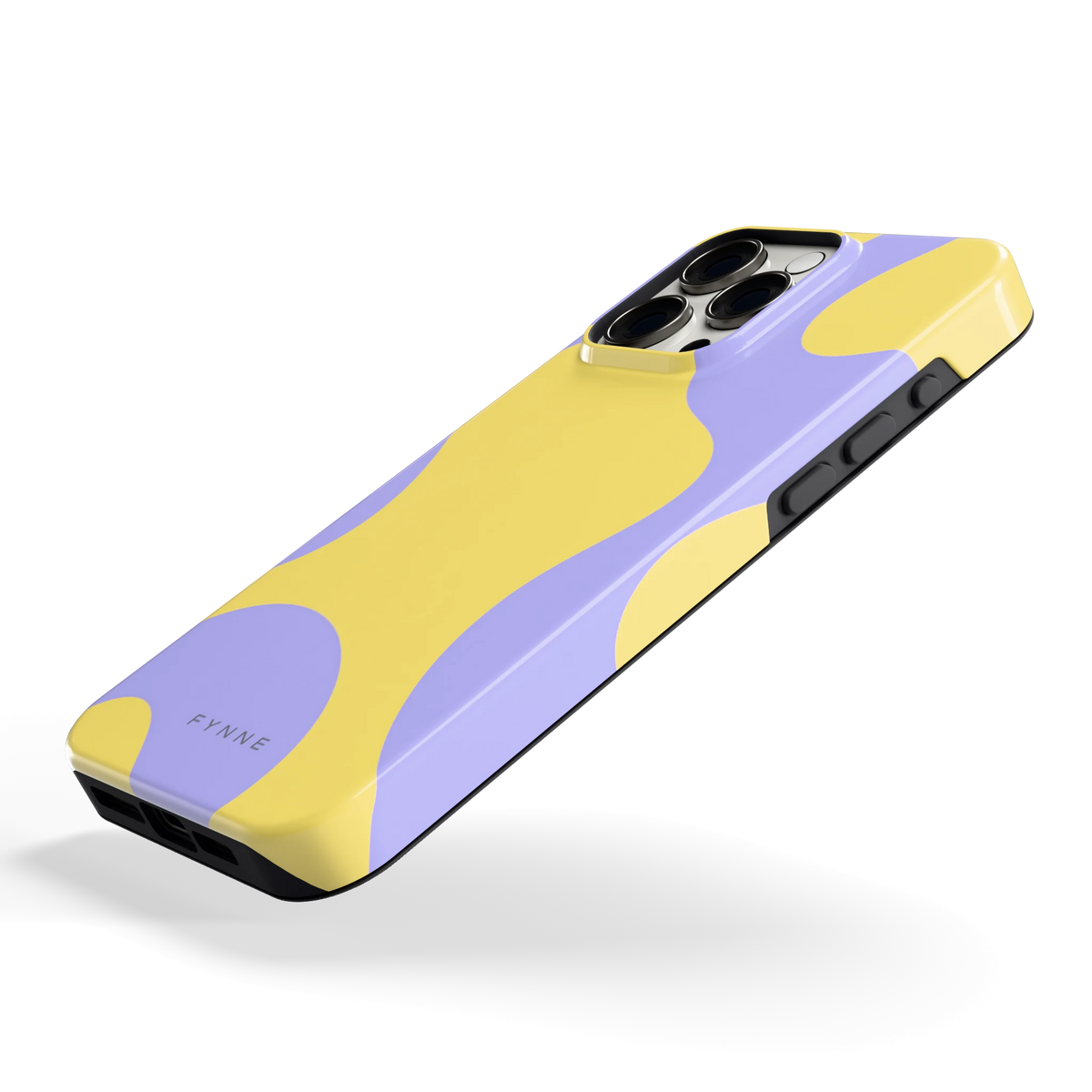 Lila Gele Vlekken hoesje voor iPhone 15 Pro Max, schuin