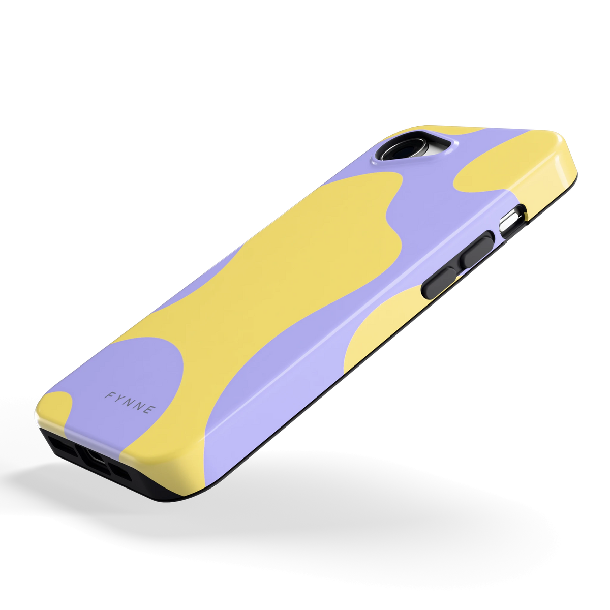 Lila Gele Vlekken hoesje voor iPhone 16e, schuin