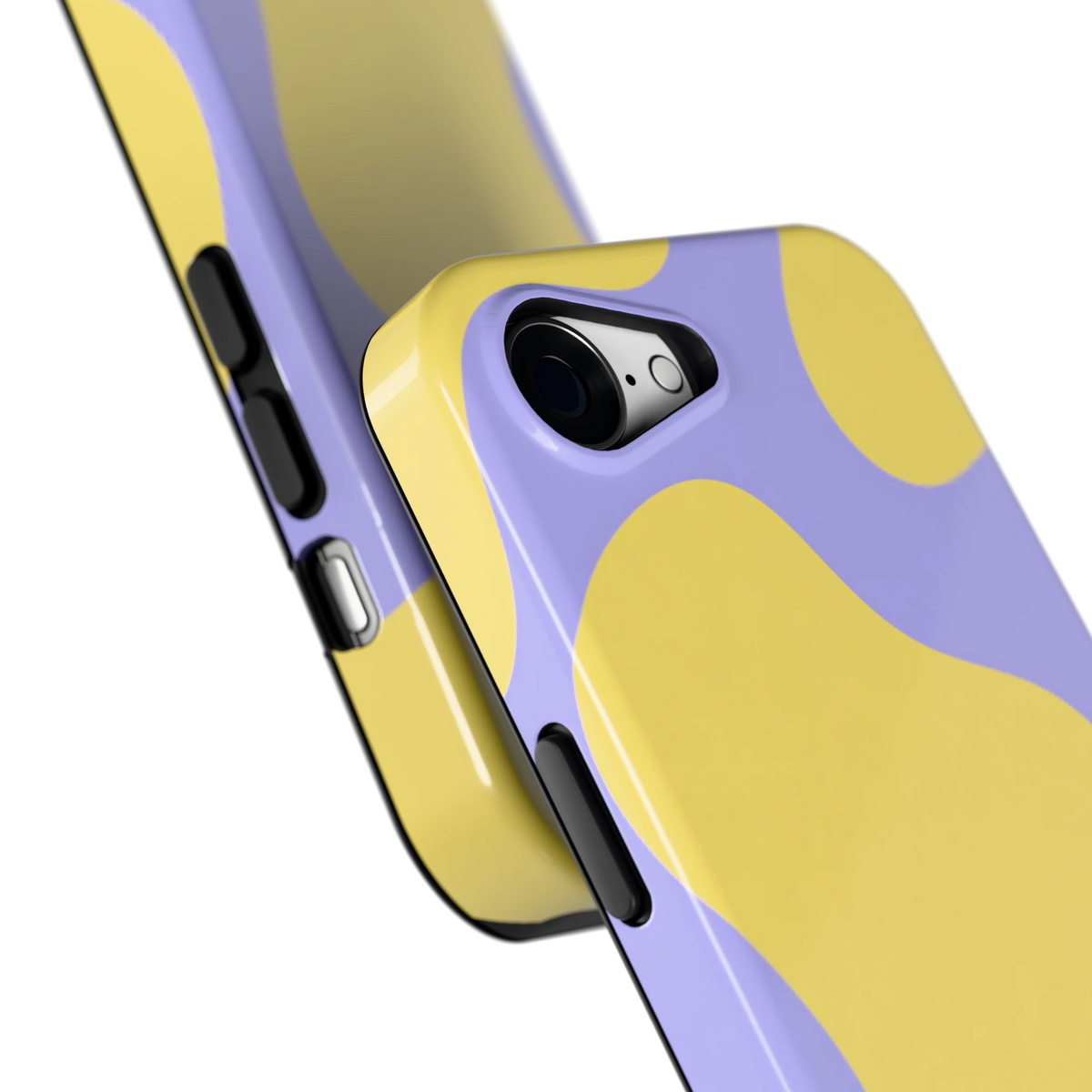 Lila Gele Vlekken hoesje voor iPhone 16e, close-up