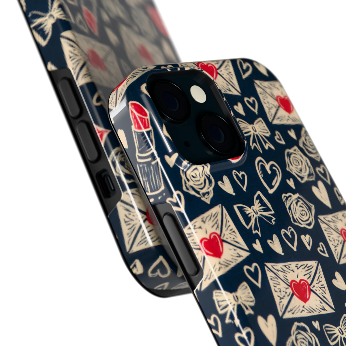 Liefdesbrieven hoesje voor iPhone 15, close-up