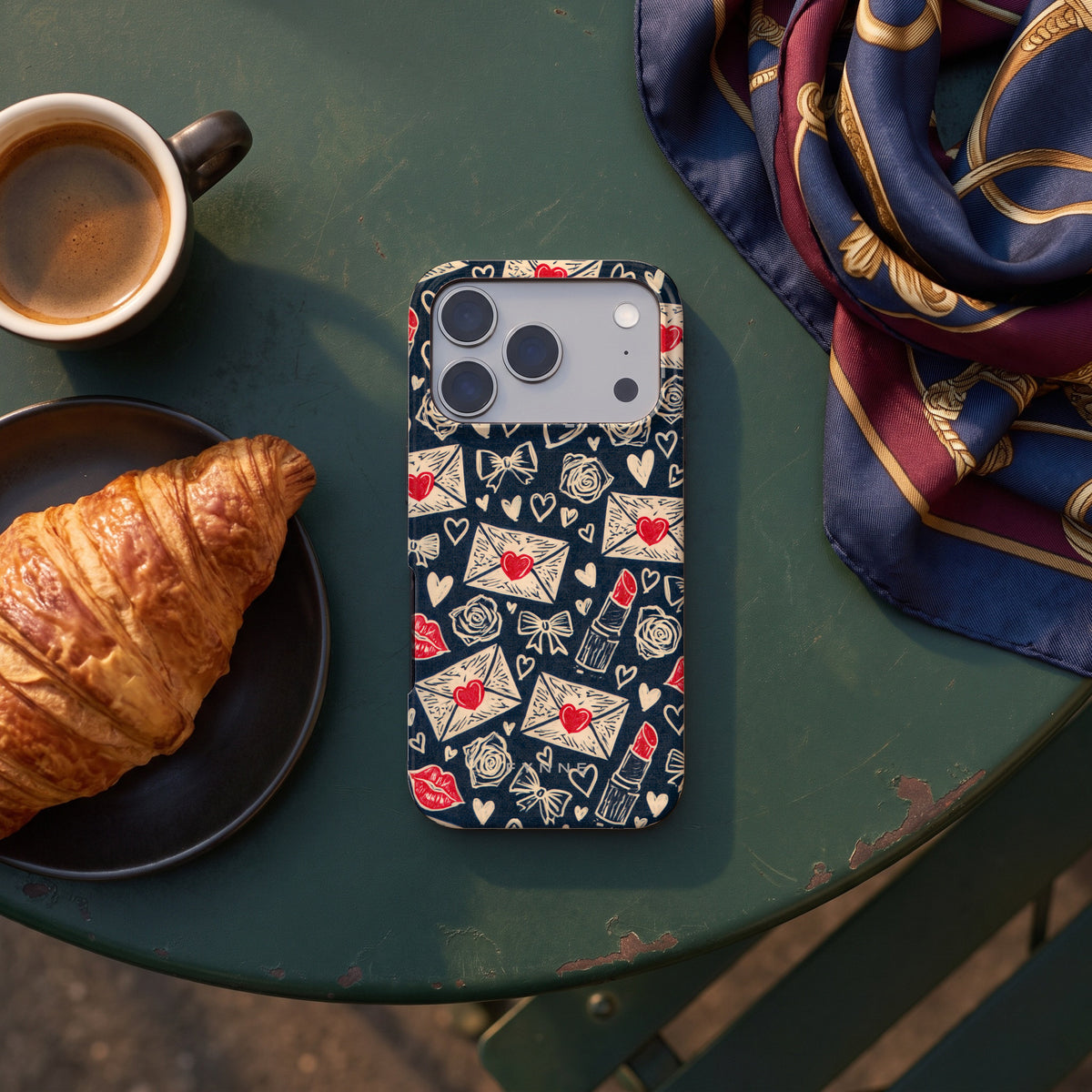 Liefdesbrieven hoesje op een iPhone 17 Pro, uit The Parisian Chic Collection