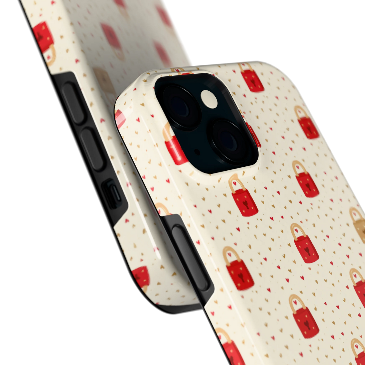 Liefdesslotjes hoesje voor iPhone 15, close-up