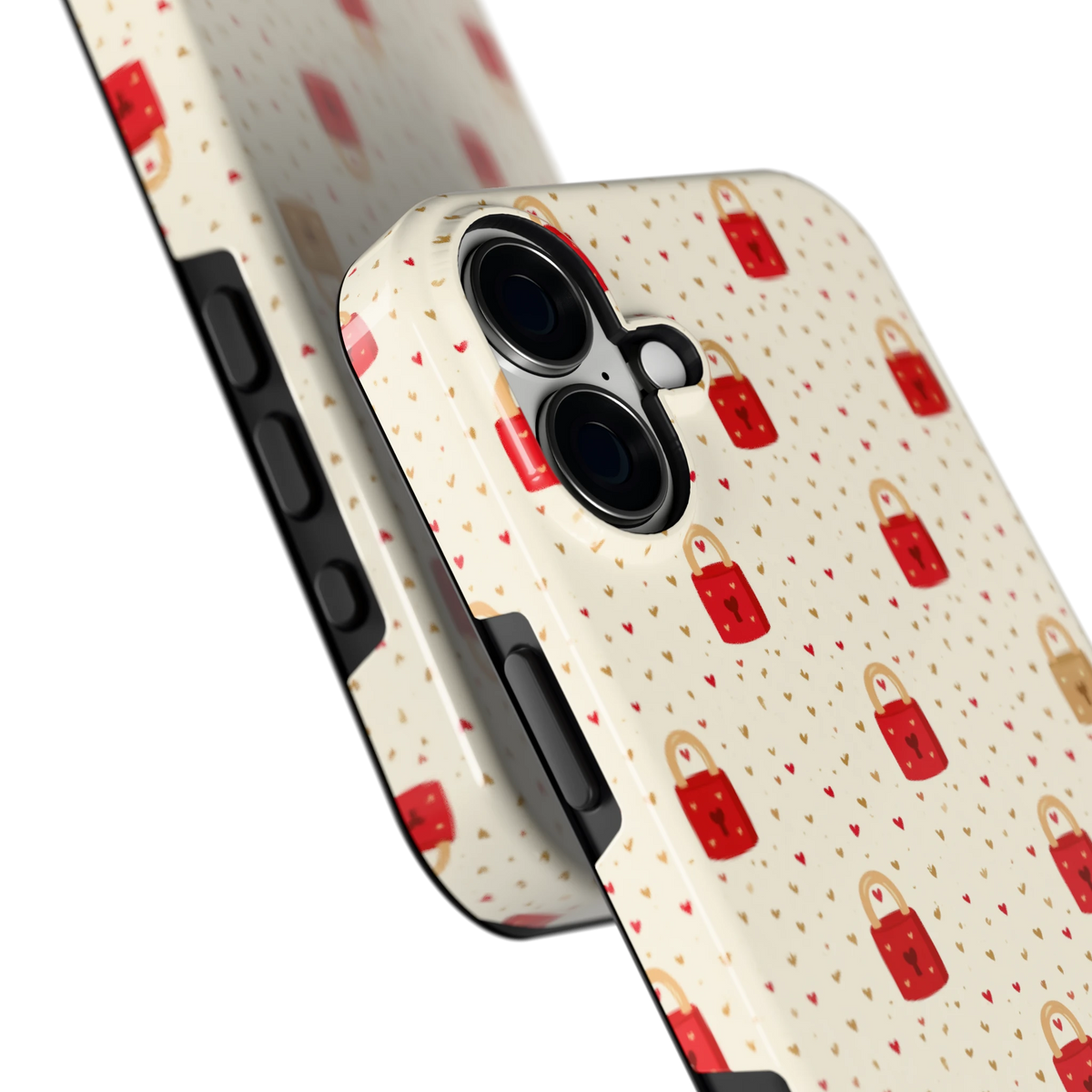 Liefdesslotjes hoesje voor iPhone 16 Plus, close-up