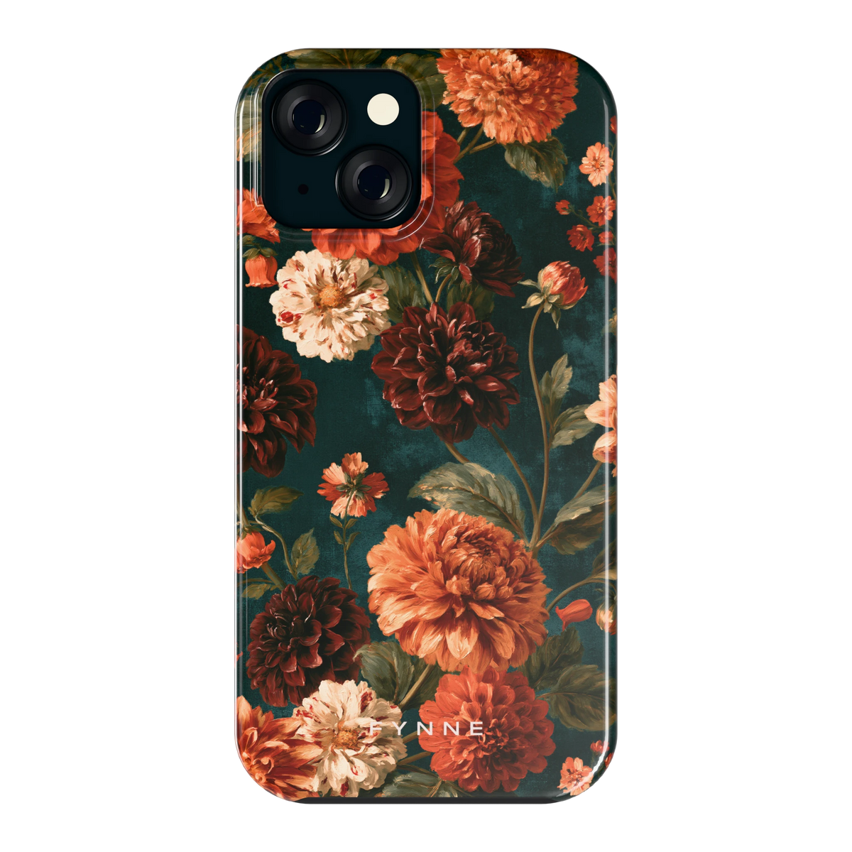 Sfeervolle Dahliatuin hoesje voor iPhone 15, achterkant