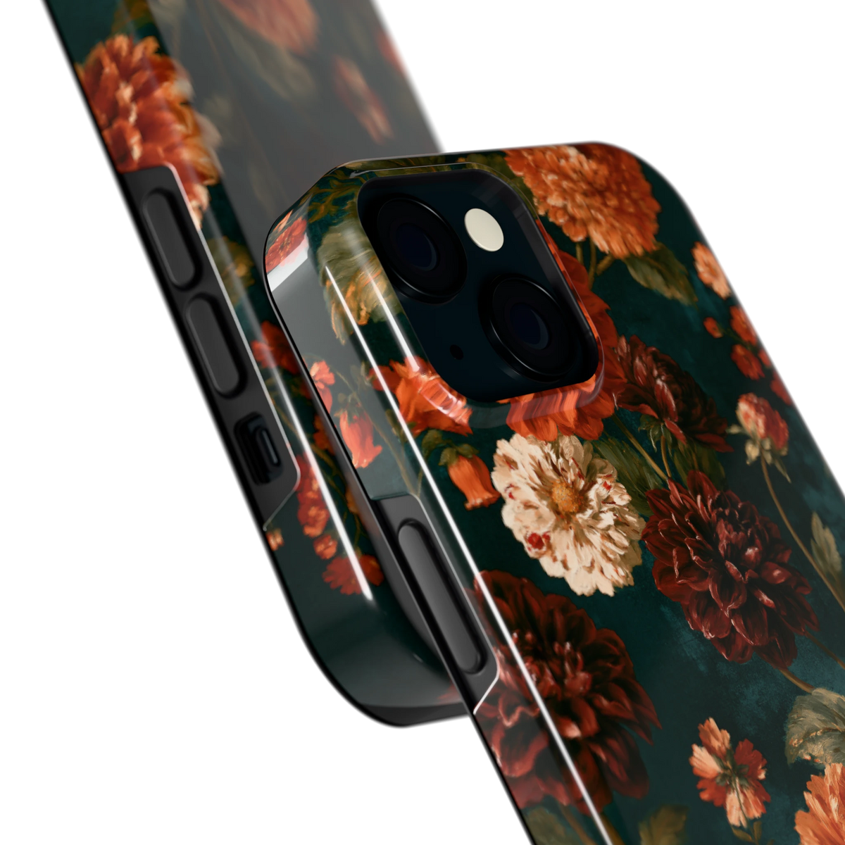 Sfeervolle Dahliatuin hoesje voor iPhone 15, close-up
