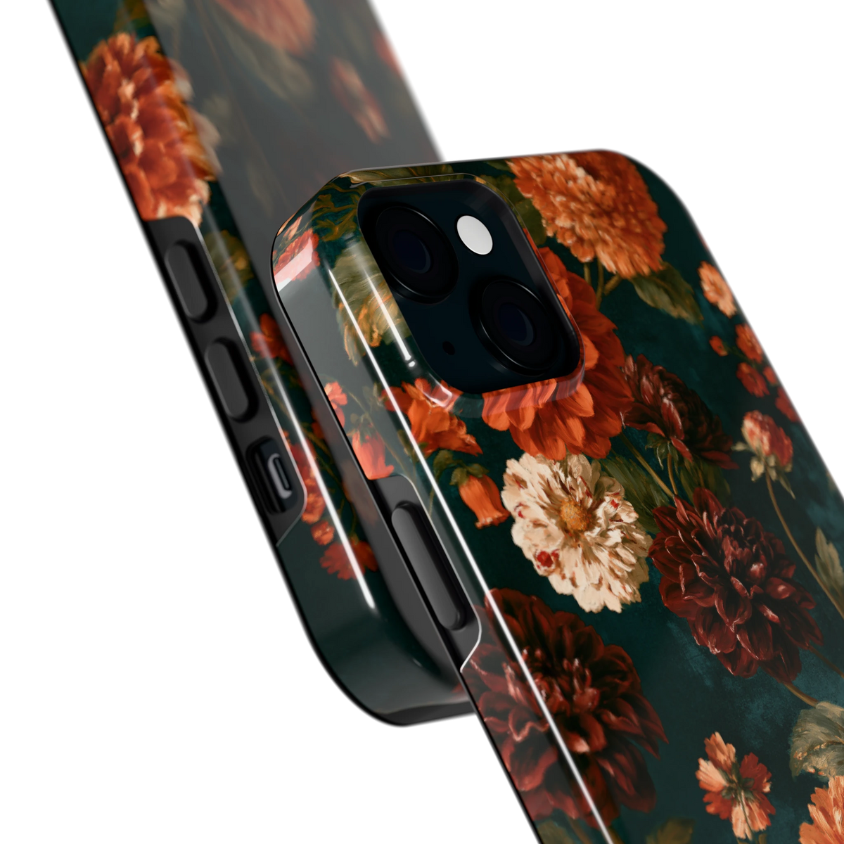 Sfeervolle Dahliatuin hoesje voor iPhone 15 Plus, close-up