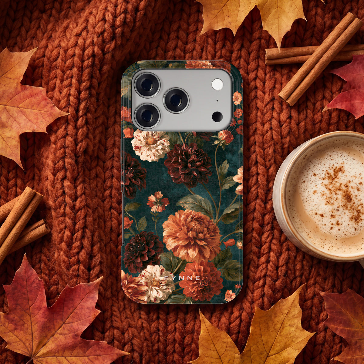 Sfeervolle Dahliatuin hoesje op een iPhone 17 Pro, uit The Fall Collection
