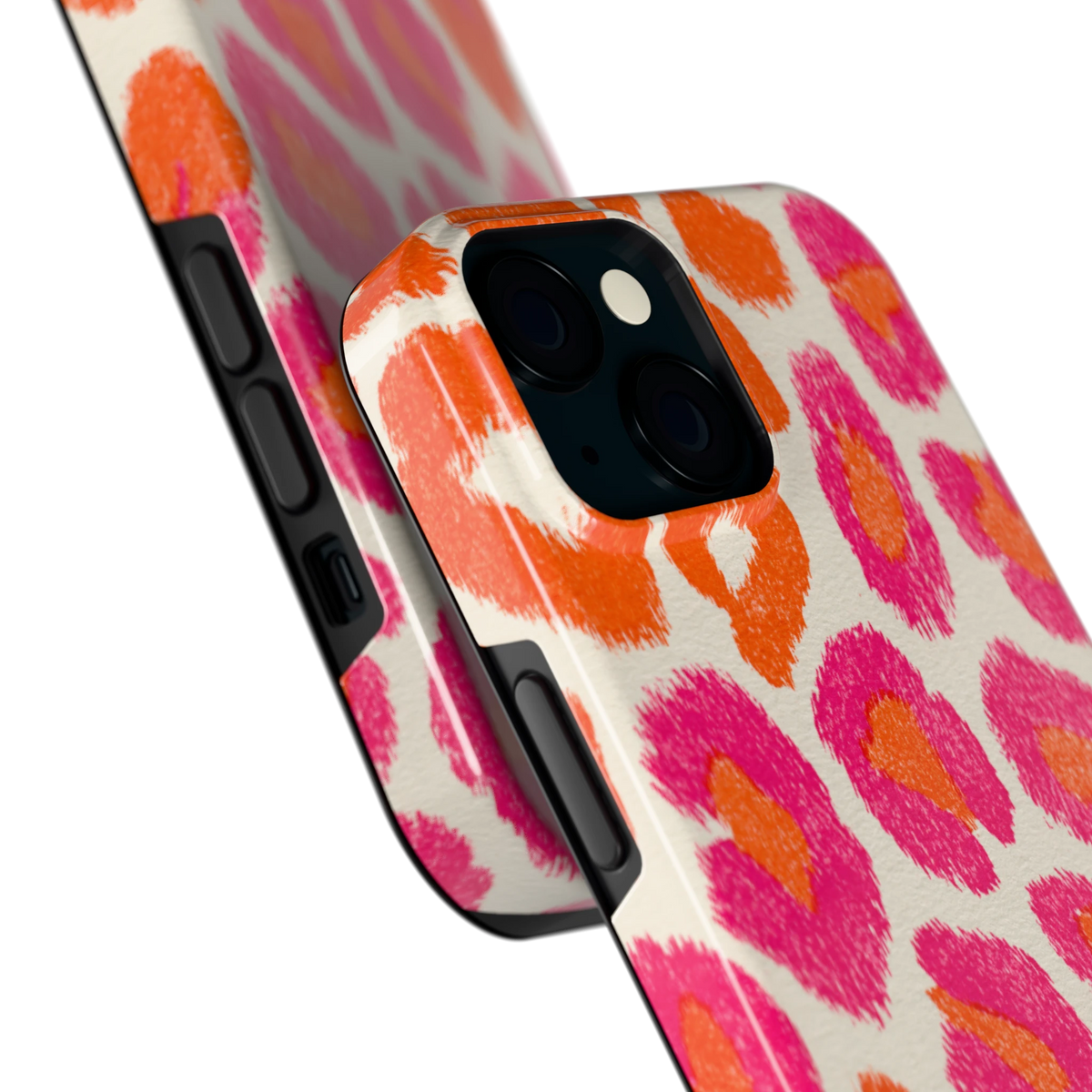 Neon Luipaardvlekken hoesje voor iPhone 15, close-up
