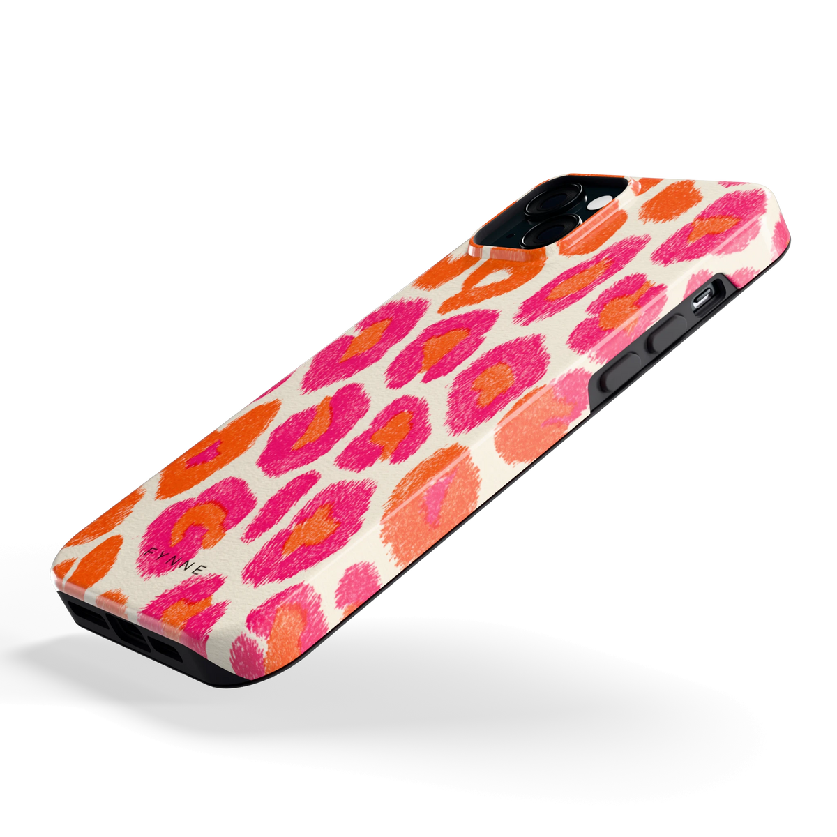 Neon Luipaardvlekken hoesje voor iPhone 15 Plus, schuin