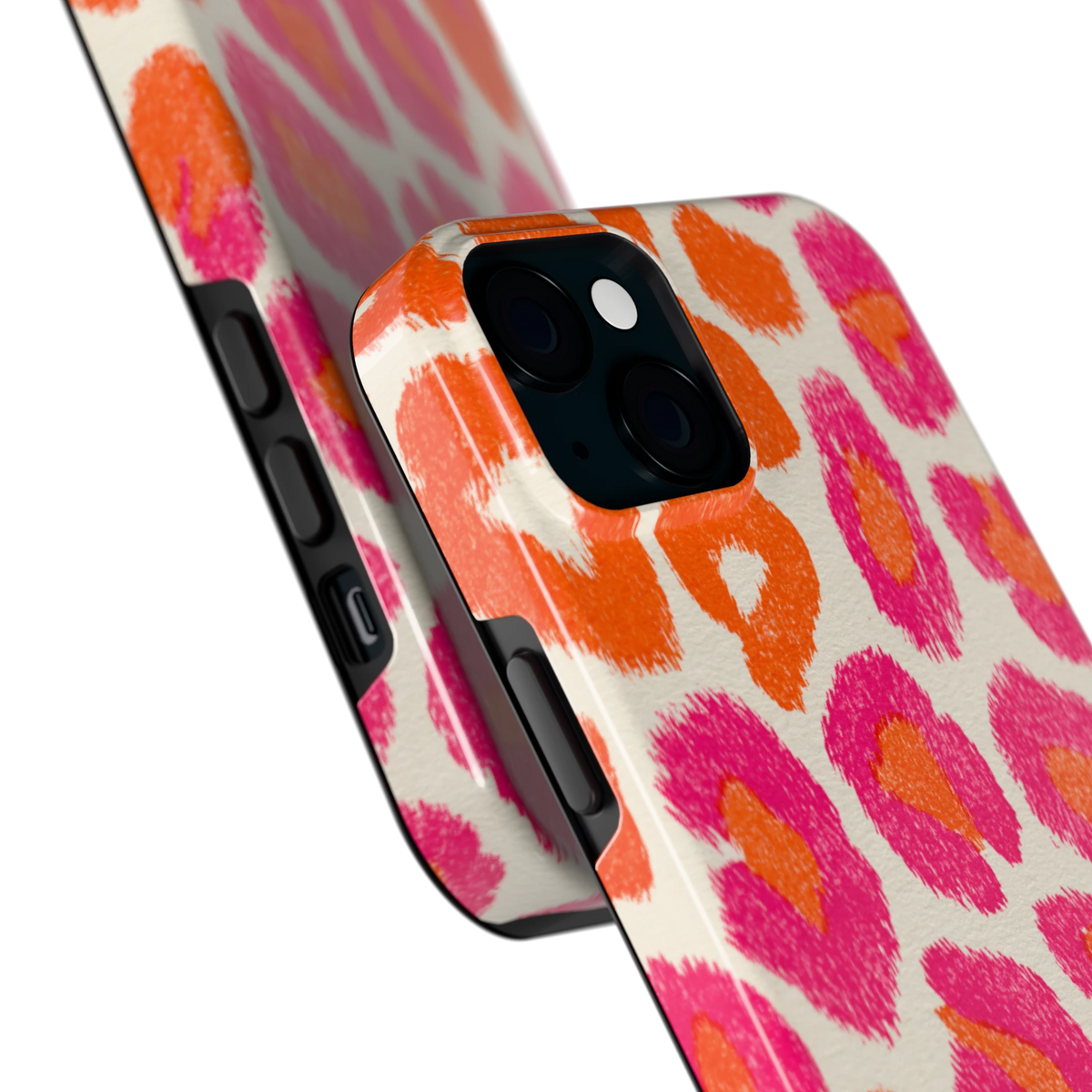 Neon Luipaardvlekken hoesje voor iPhone 15 Plus, close-up