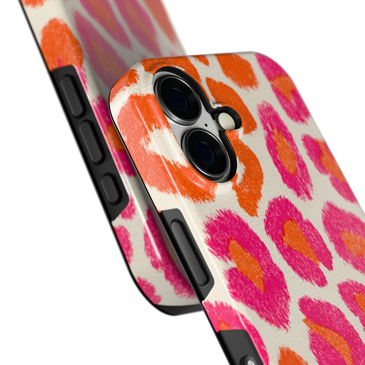 Neon Luipaardvlekken hoesje voor iPhone 16, close-up
