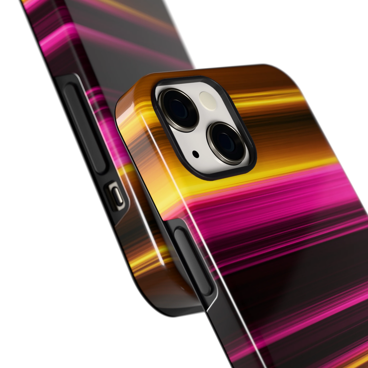 Neon Lichtstrepen hoesje voor iPhone 13, close-up