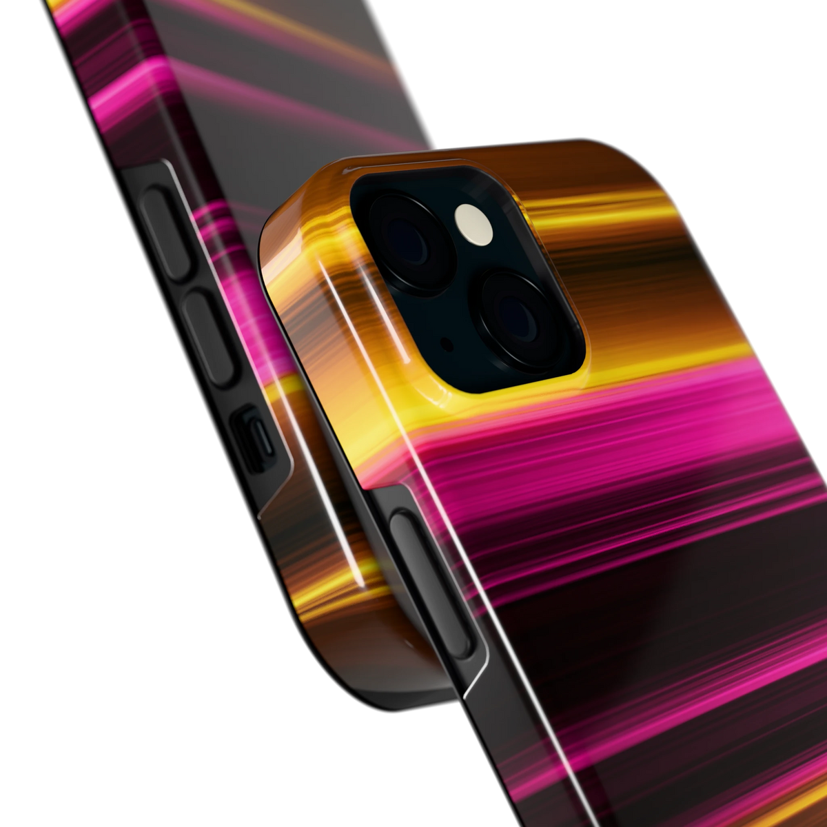 Neon Lichtstrepen hoesje voor iPhone 15, close-up