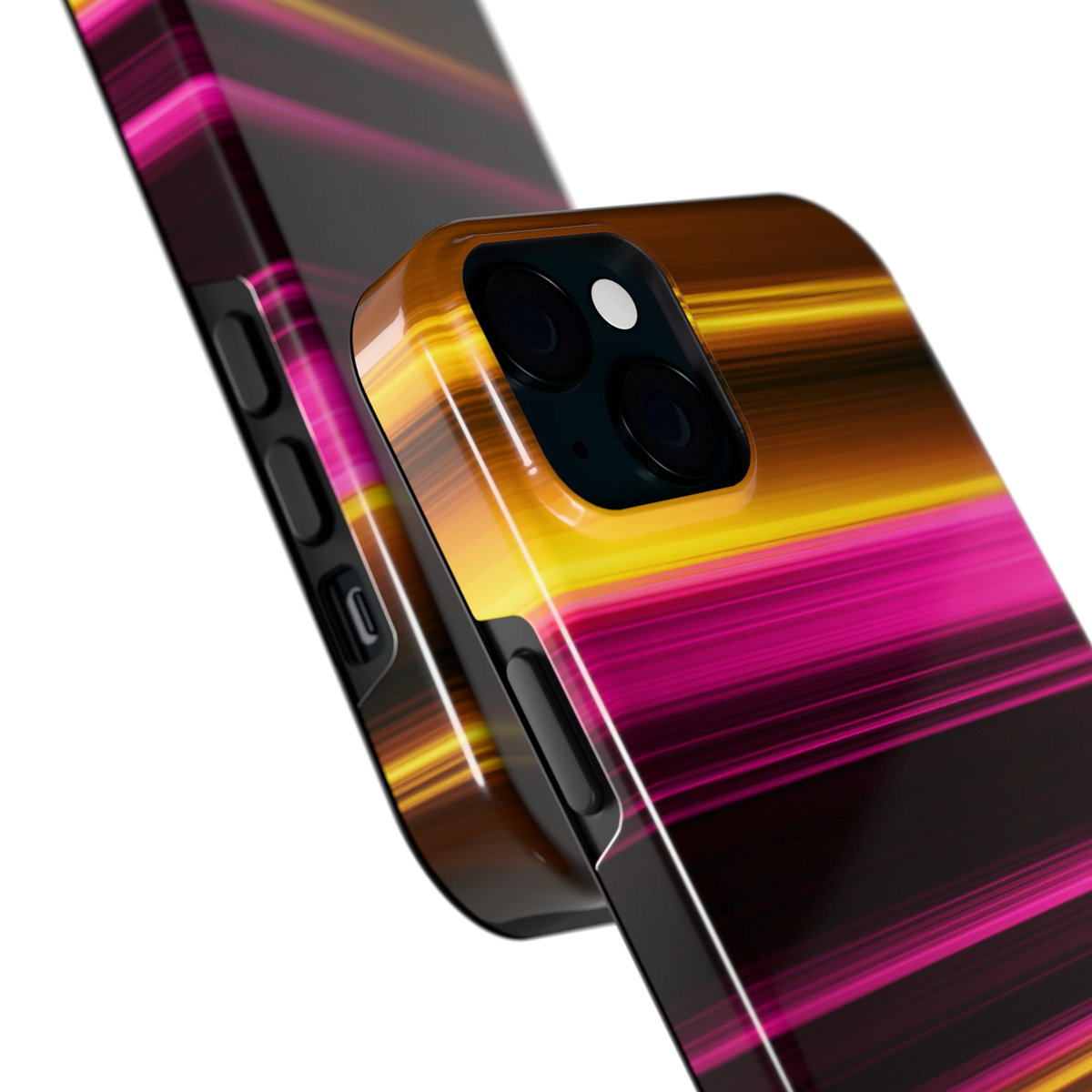 Neon Lichtstrepen hoesje voor iPhone 15 Plus, close-up