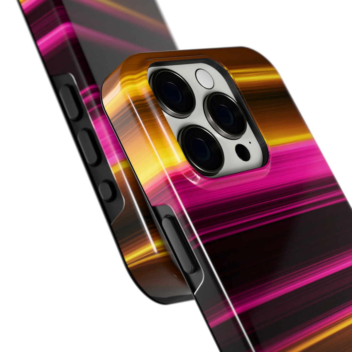 Neon Lichtstrepen hoesje voor iPhone 15 Pro, close-up
