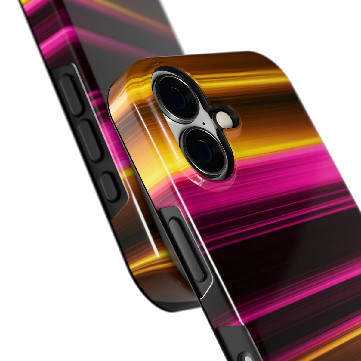 Neon Lichtstrepen hoesje voor iPhone 16, close-up