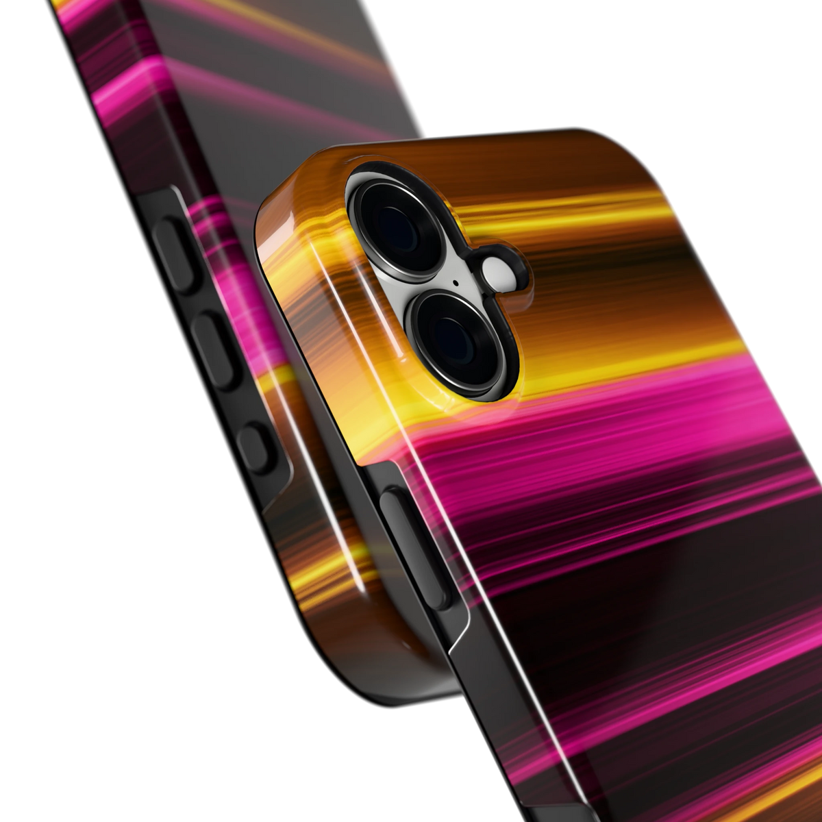 Neon Lichtstrepen hoesje voor iPhone 16 Plus, close-up