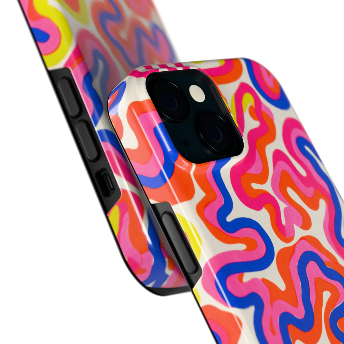 Neon Kronkels hoesje voor iPhone 15, close-up