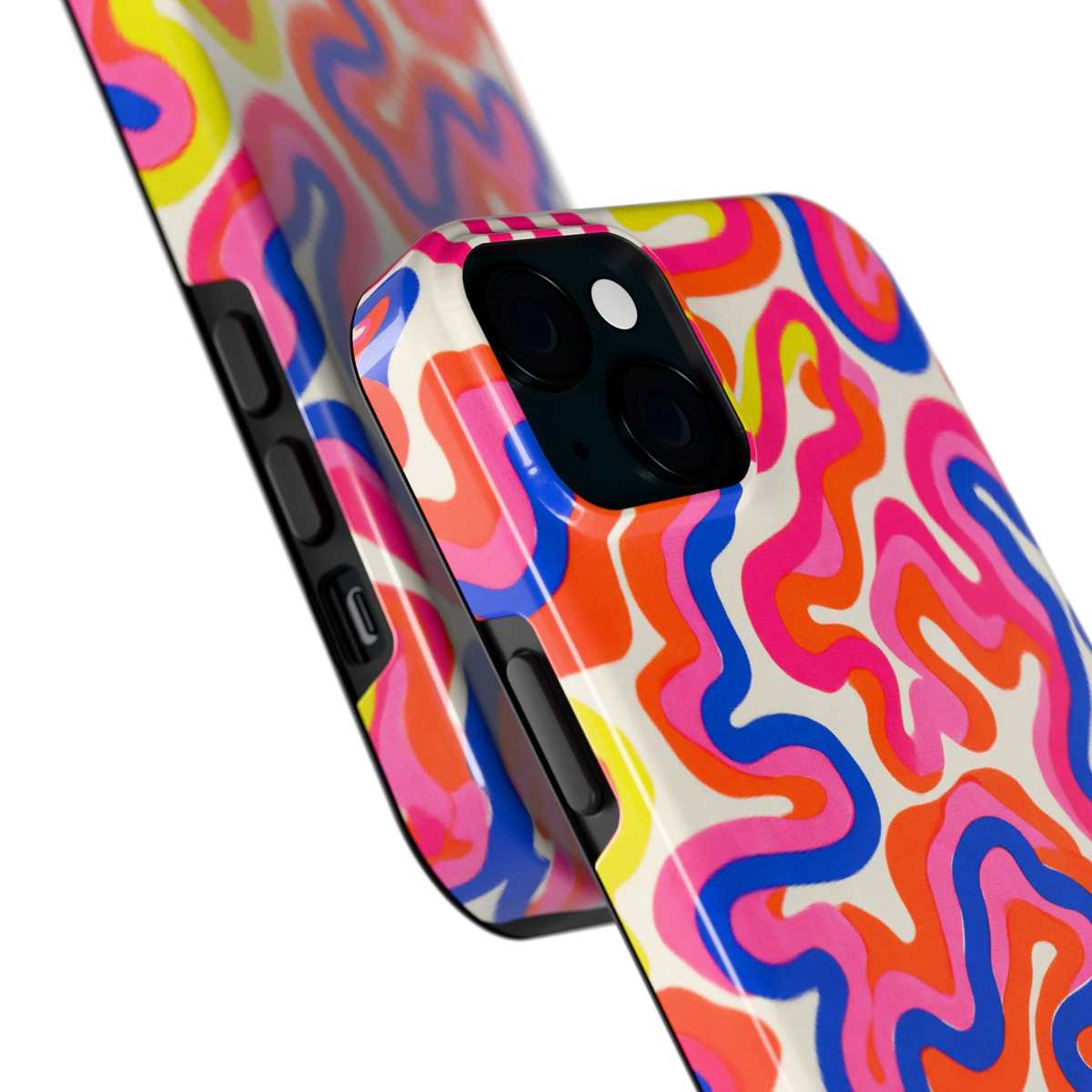 Neon Kronkels hoesje voor iPhone 15 Plus, close-up