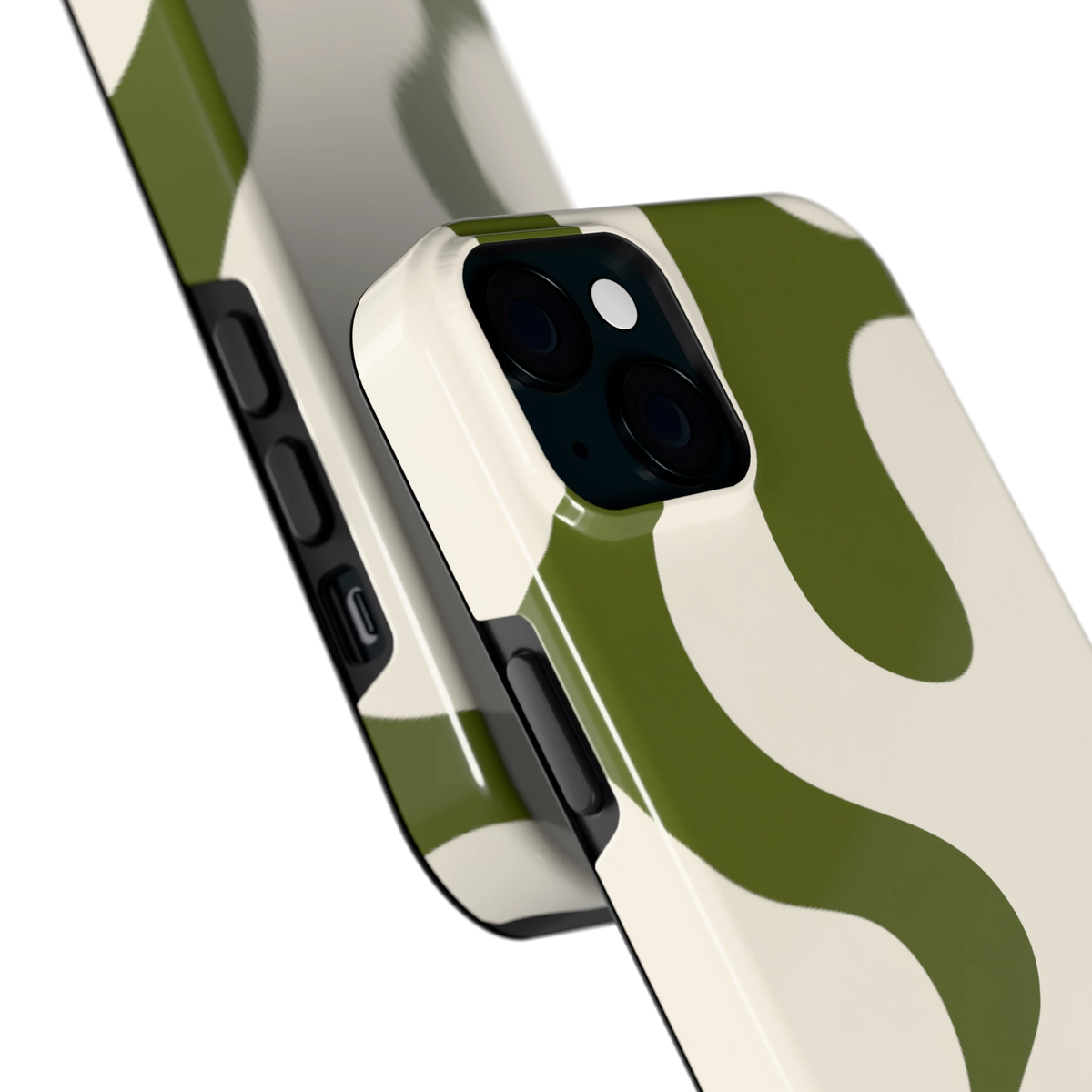 Olijfvlekken hoesje voor iPhone 15 Plus, close-up