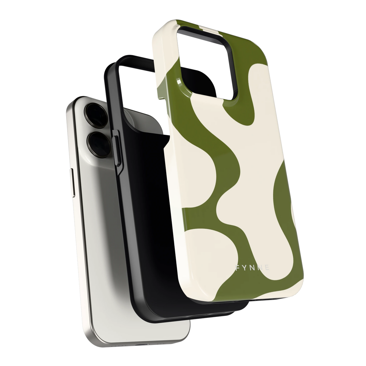 Olijfvlekken hoesje voor iPhone 15 Pro, los van de telefoon
