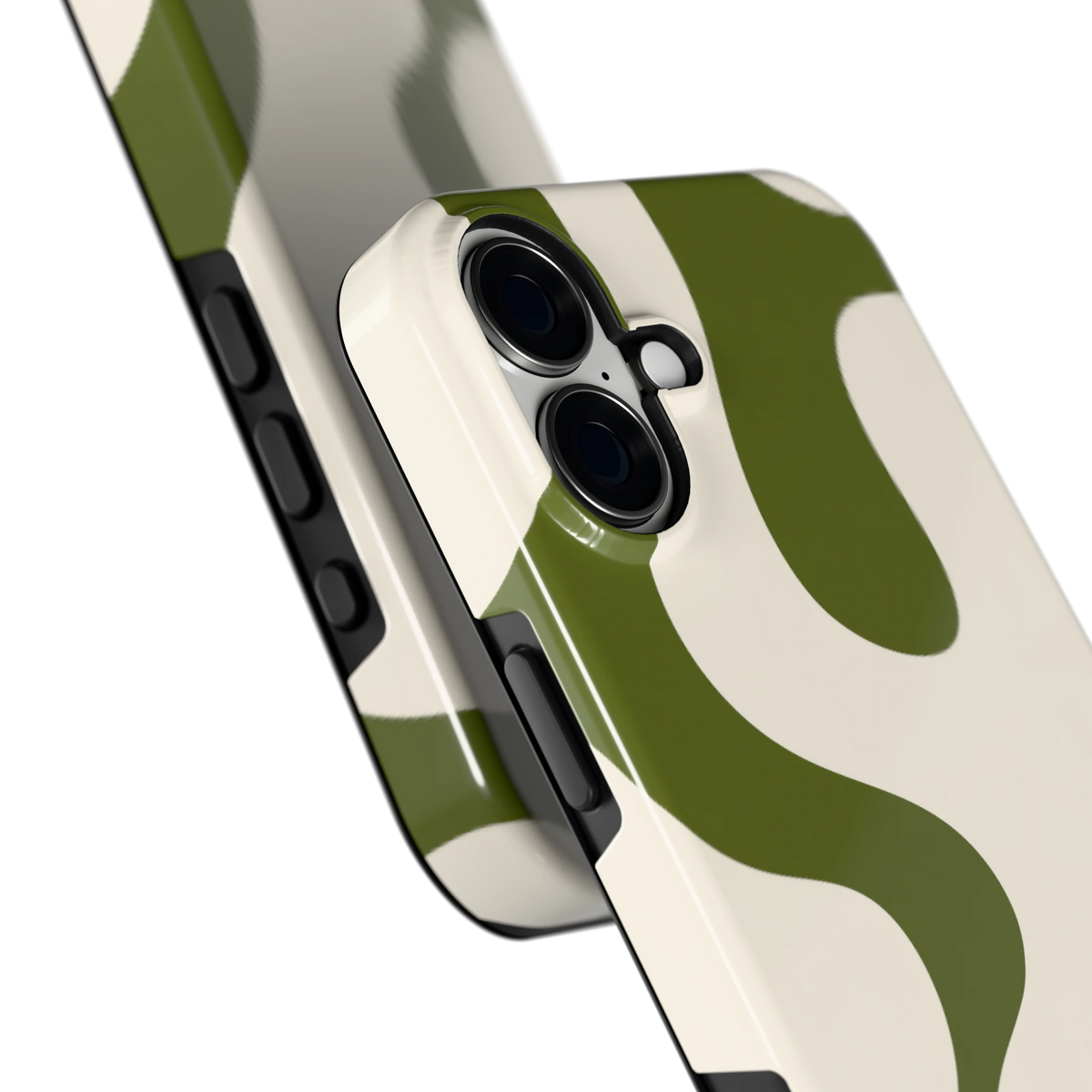 Olijfvlekken hoesje voor iPhone 16 Plus, close-up