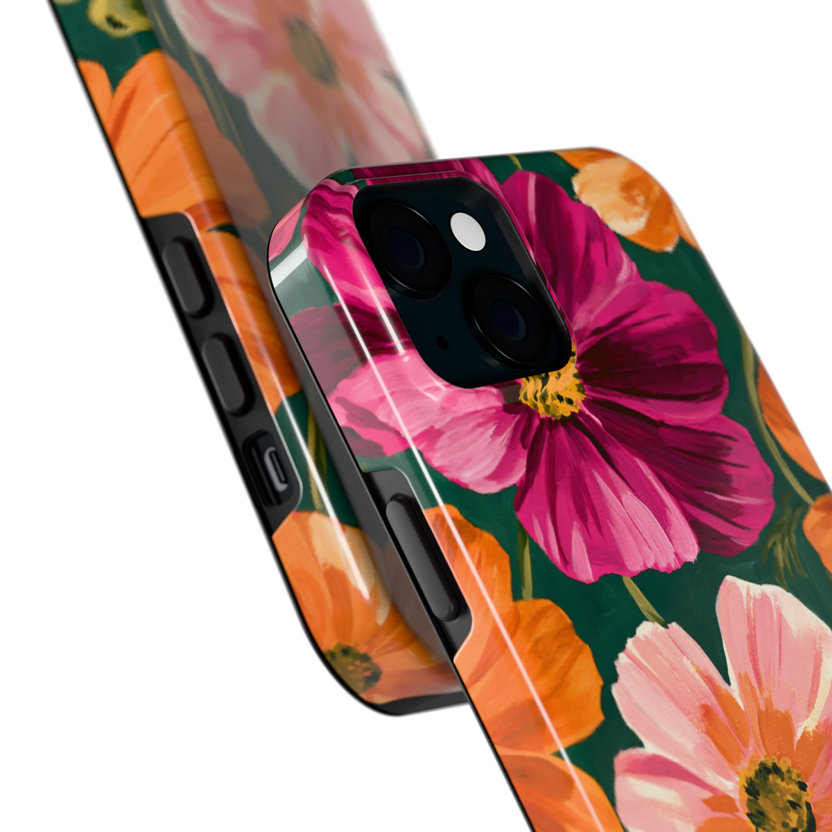 Geschilderde Cosmea hoesje voor iPhone 15 Plus, close-up
