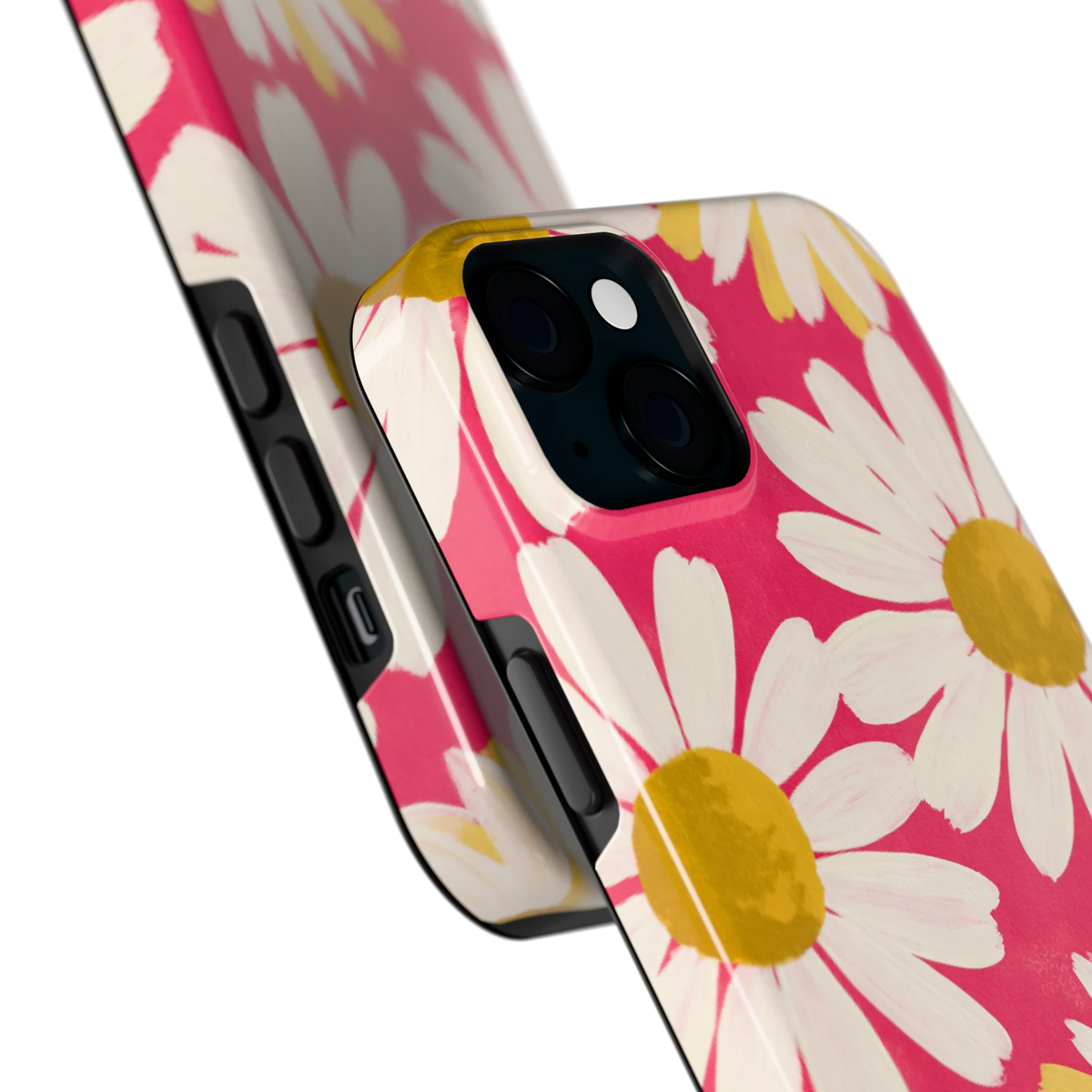 Geschilderde madeliefjes hoesje voor iPhone 15 Plus, close-up