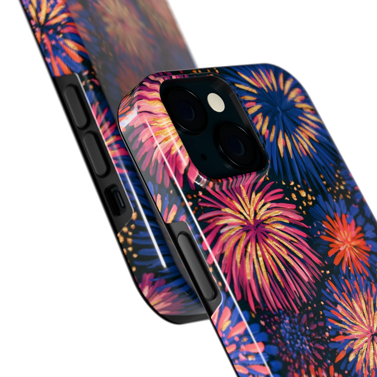 Beschilderd vuurwerk hoesje voor iPhone 15, close-up