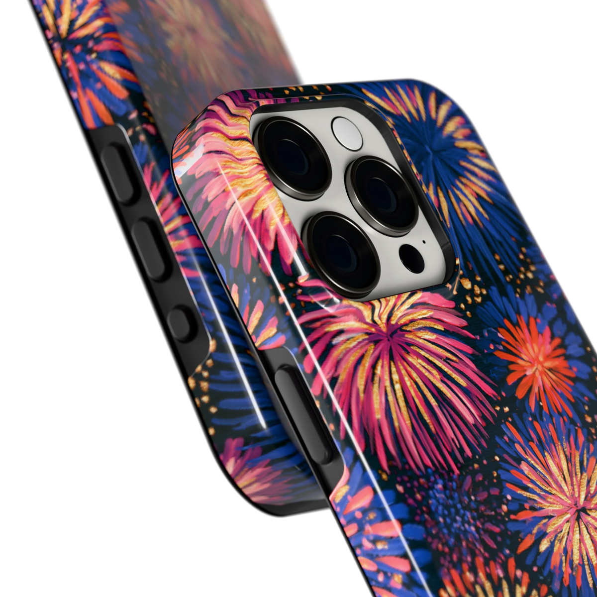 Beschilderd vuurwerk hoesje voor iPhone 15 Pro, close-up
