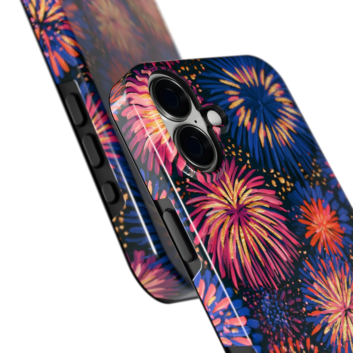 Beschilderd vuurwerk hoesje voor iPhone 16 Plus, close-up